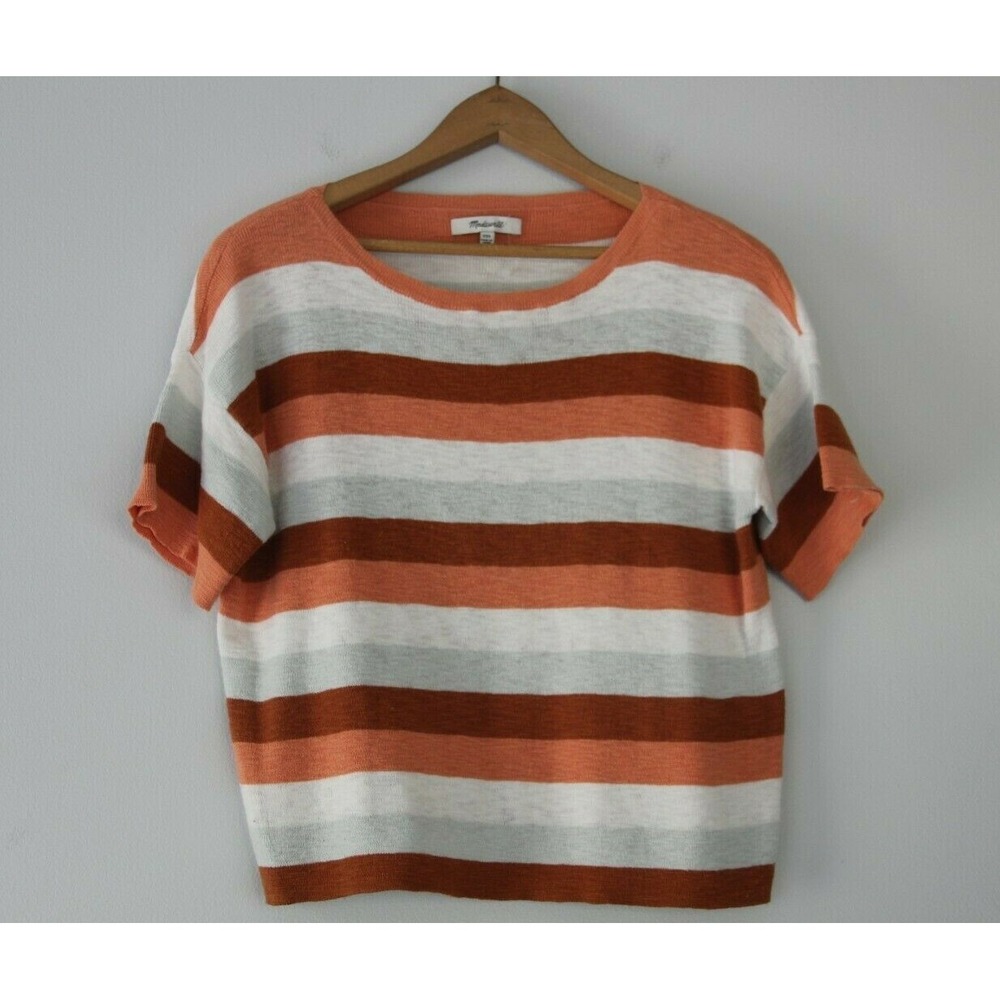 Madewell Women's Orange Striped Cropped Short Sleeve Sweater Size XXS #540